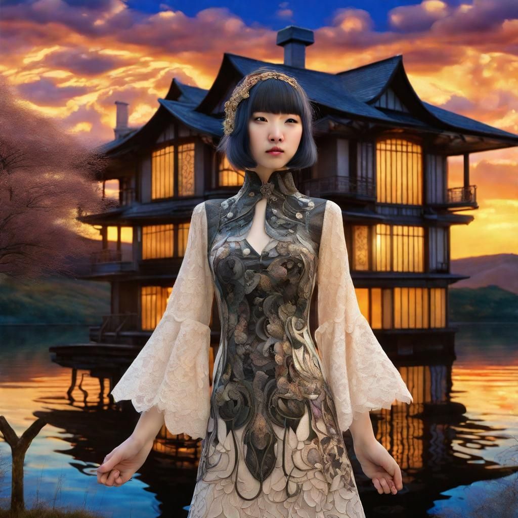 Japanese Teen at Sunset Lake, Art Nouveau Anime Style