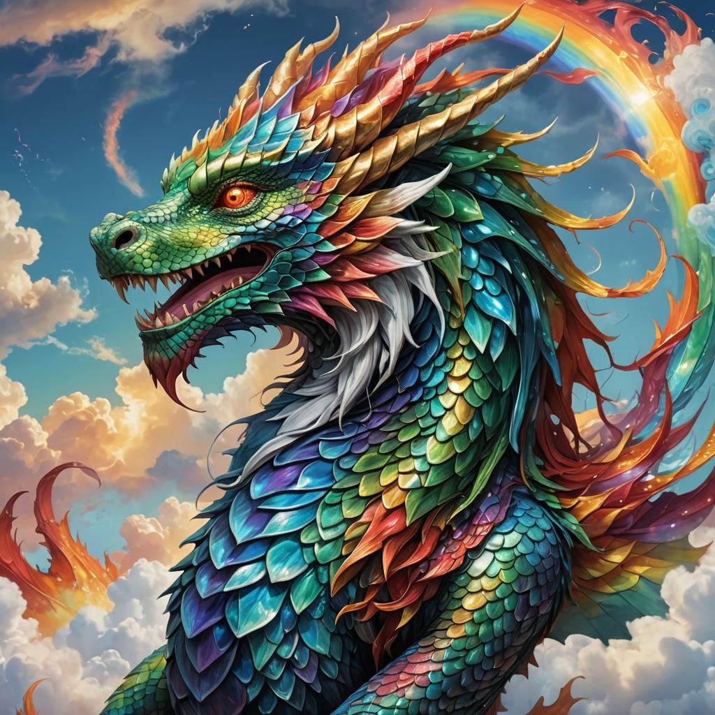 Rainbow Dragon Profile in Art Nouveau Style
