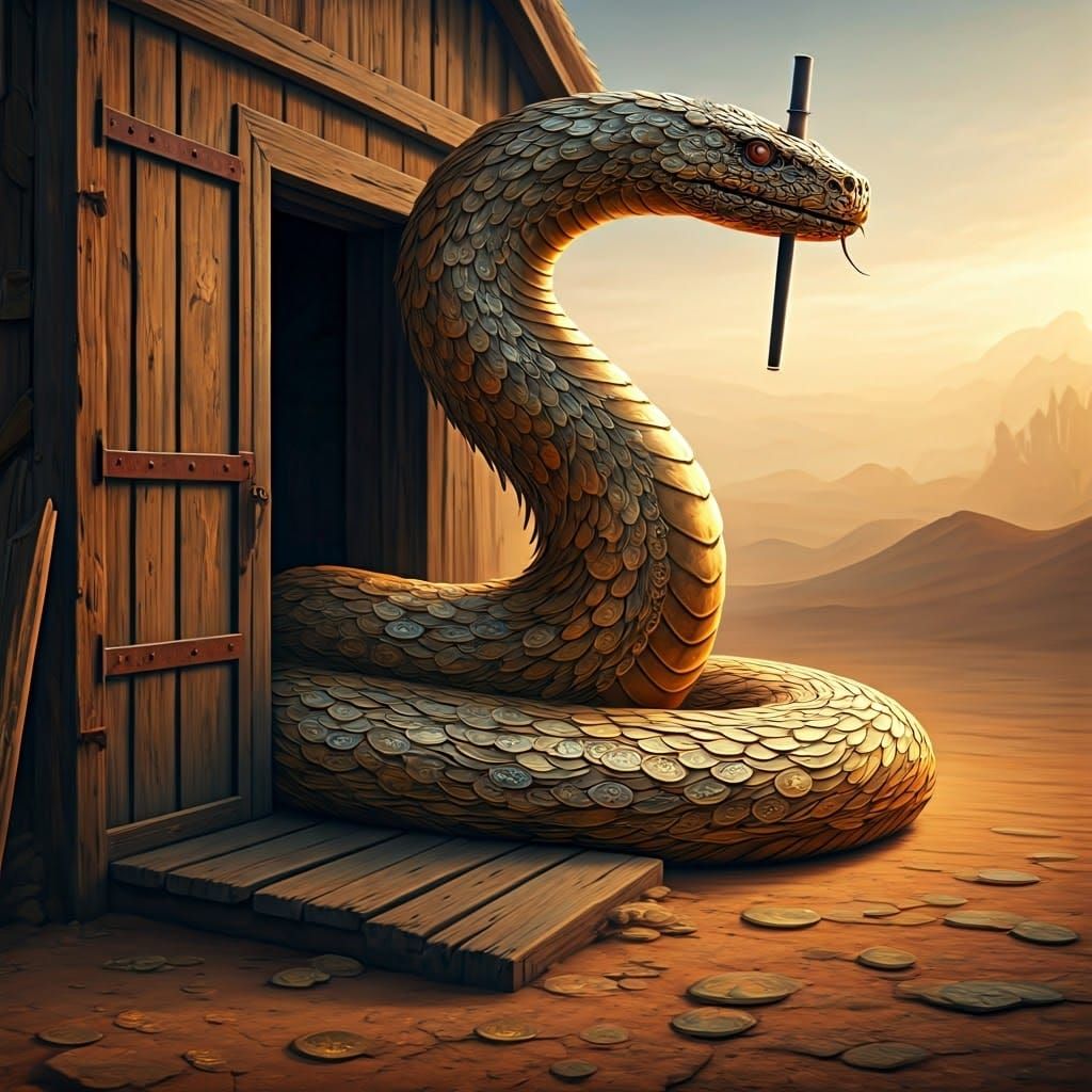 Golden Coin Serpent Emerges from Crumbling Hovel