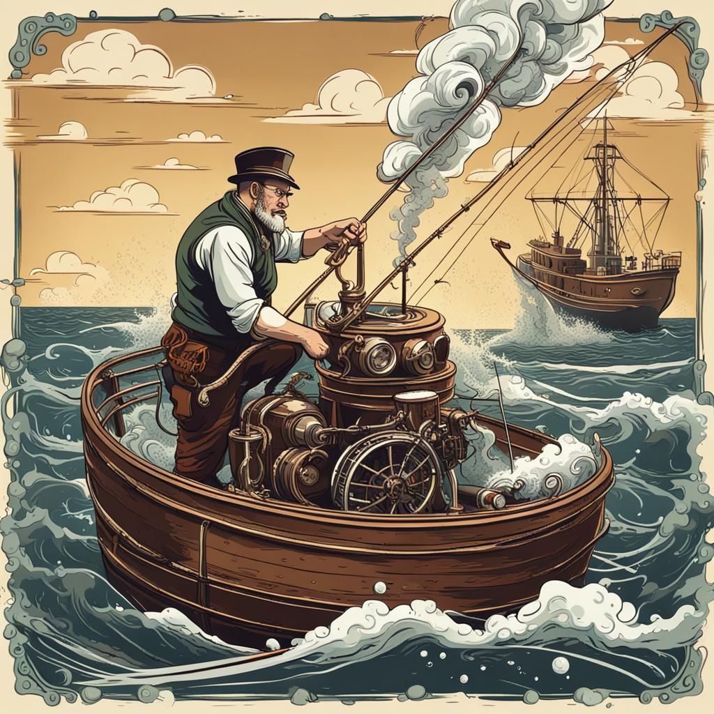 Steampunk Fisherman on Steamboat in Angry Ocean