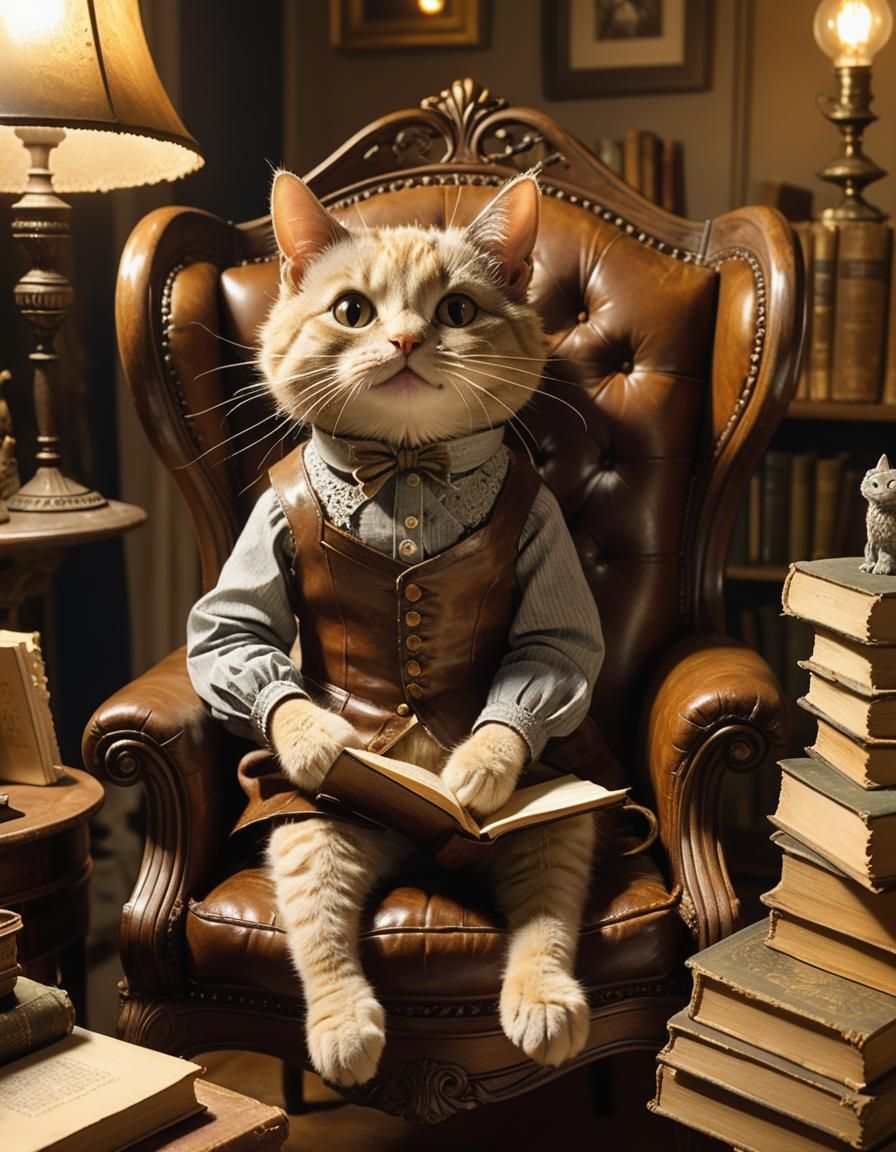 Victorian Cat in Armchair: Whimsical Illustration