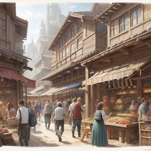Bustling Marketplace Detailed Pencil Sketch