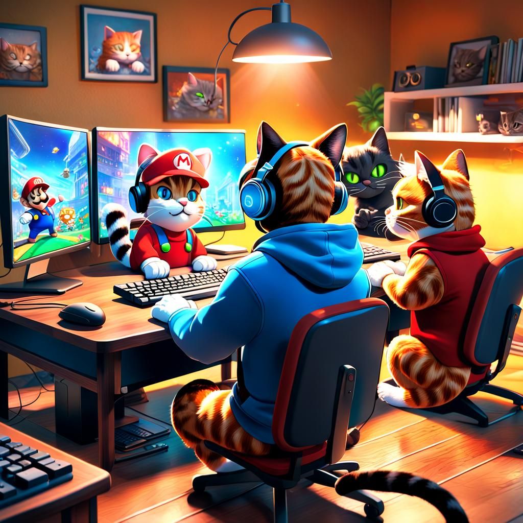 Cats Playing PC Games: Digital Matte Painting