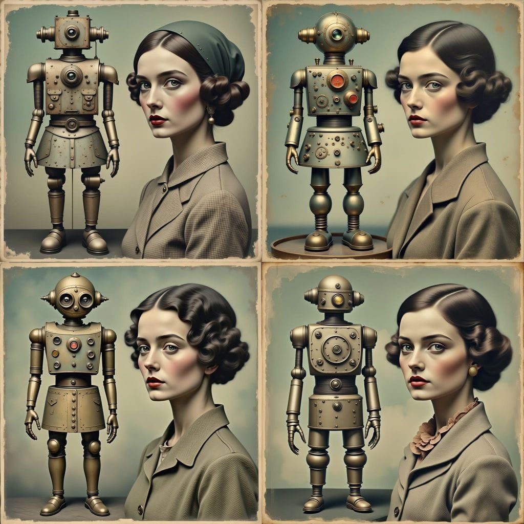 Dieselpunk Robot Soldier with Girlfriend in Vintage French C...