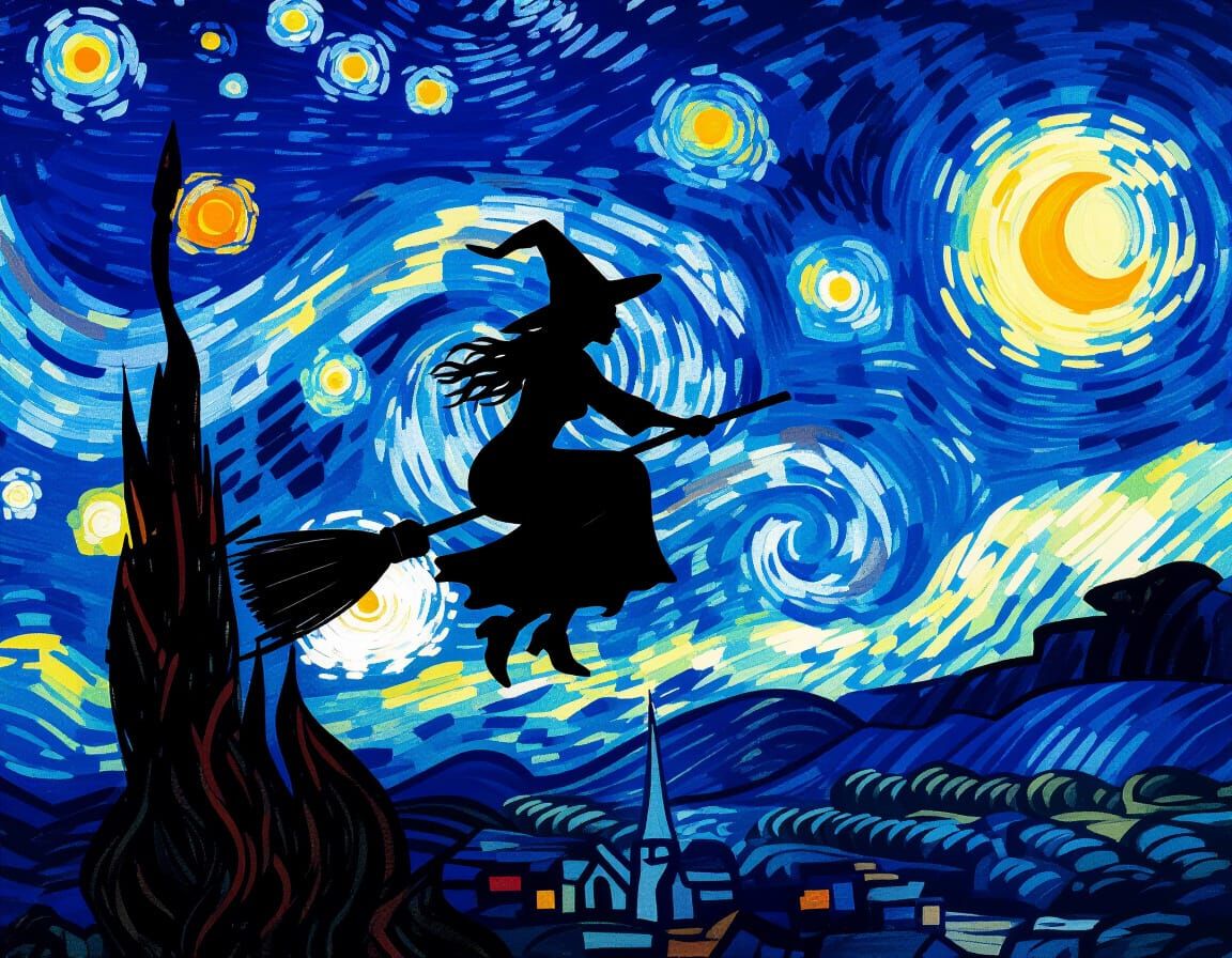 Scary Witch Silhouette Flying Against Van Gogh Night Sky