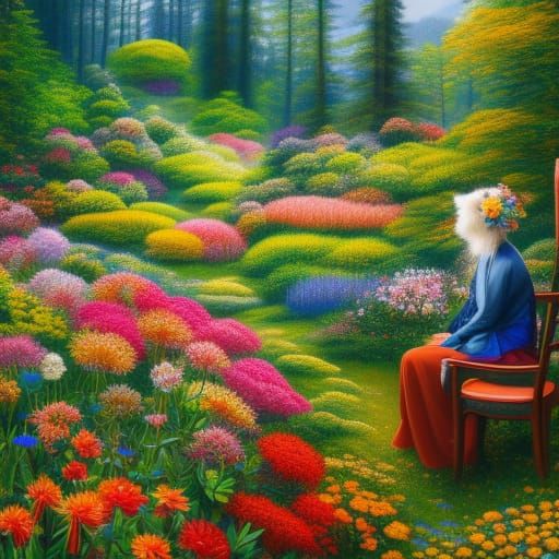 Woman in Floral Chair with Warped Forest View