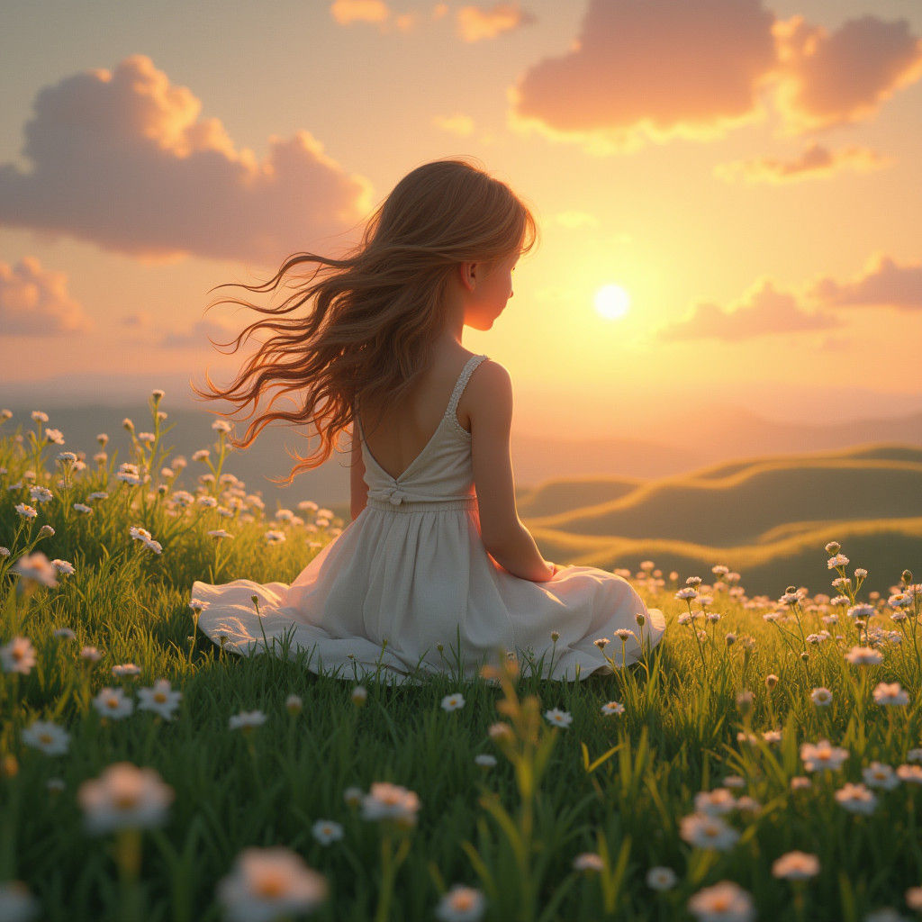 Surreal Sunset Goddess in Whimsical Fantasy Landscape