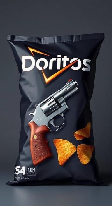 Photorealistic Doritos Bag with Fictional "GUN" Flavor