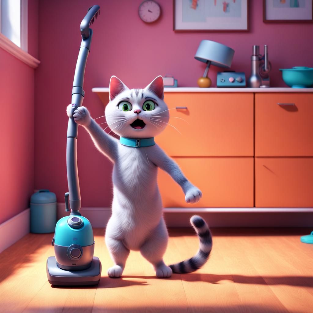 Cat Vacuuming Underwear: Pixar-Style 3D Digital Art