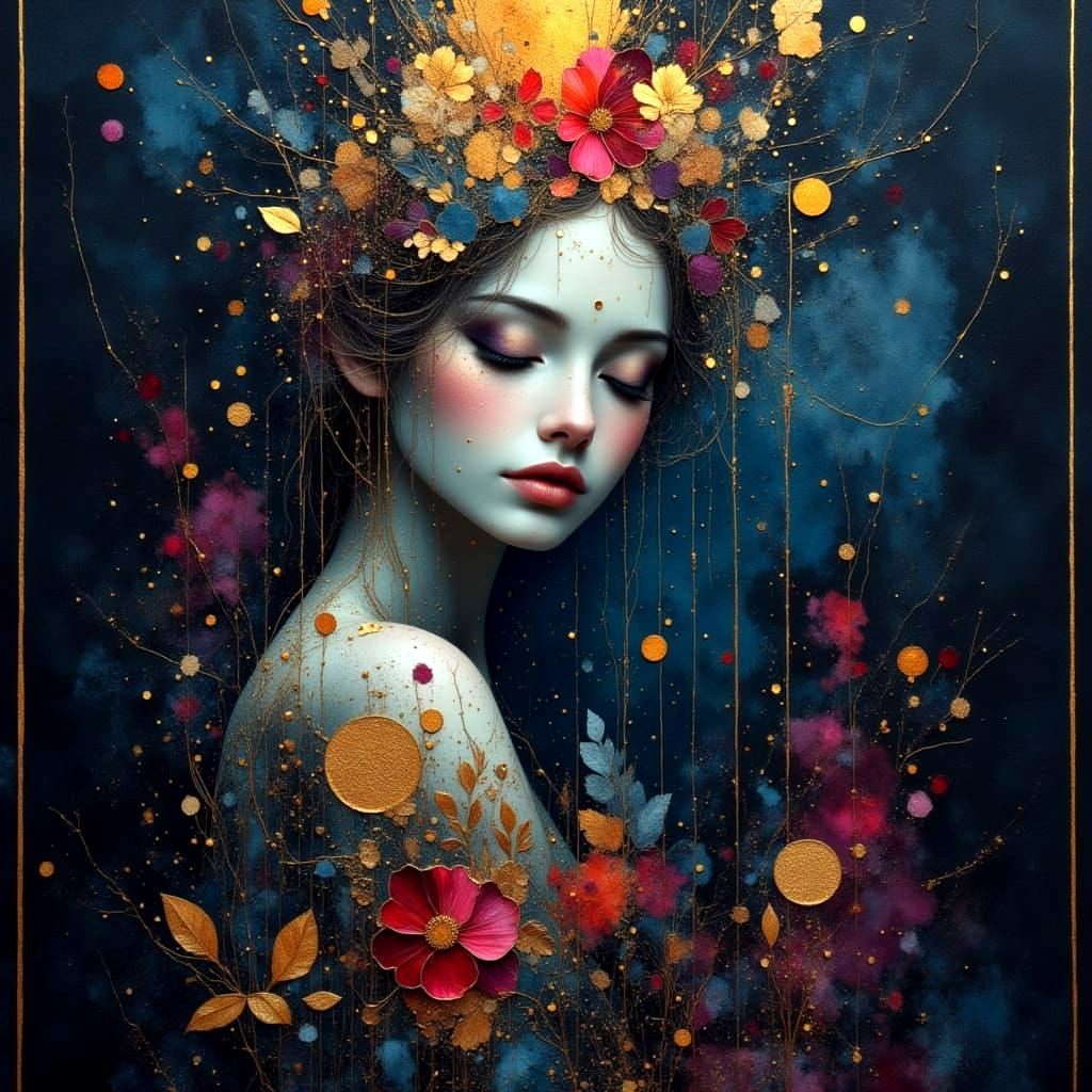 Ethereal Portrait with Filigree in Deep Blues and Gold