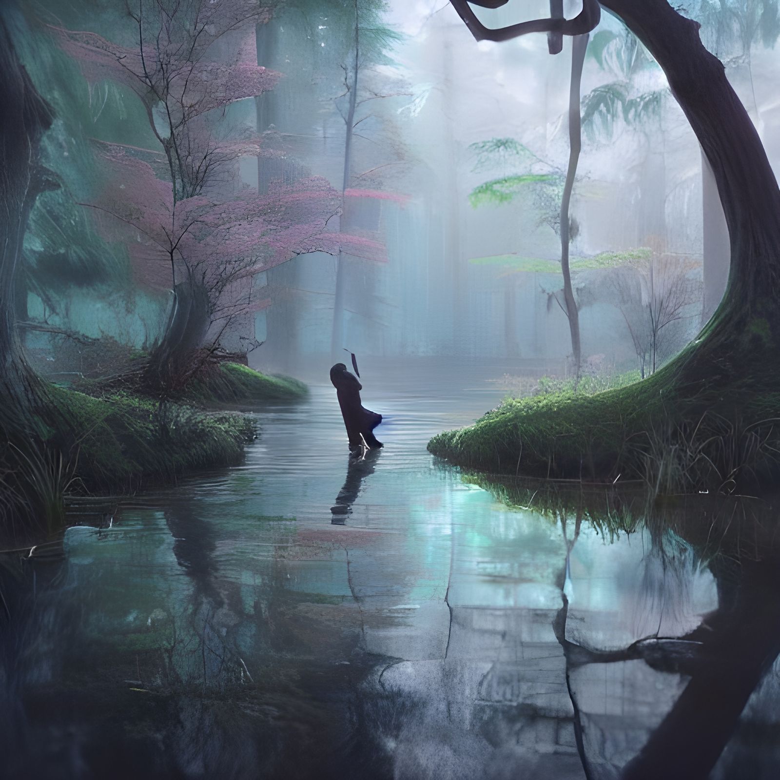 Peaceful Swamp: Digital Illustration with Dramatic Lighting