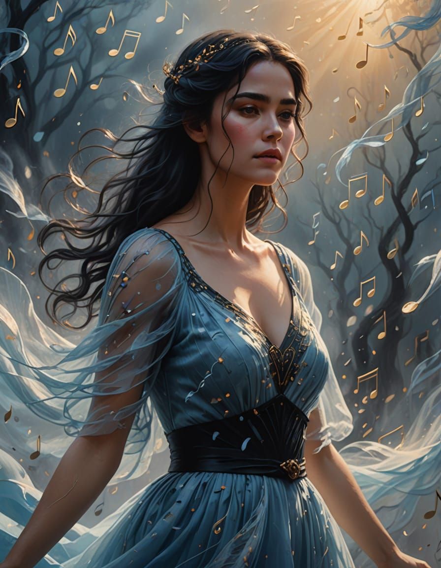 Fantasy Woman in Blue Gown with Musical Notes