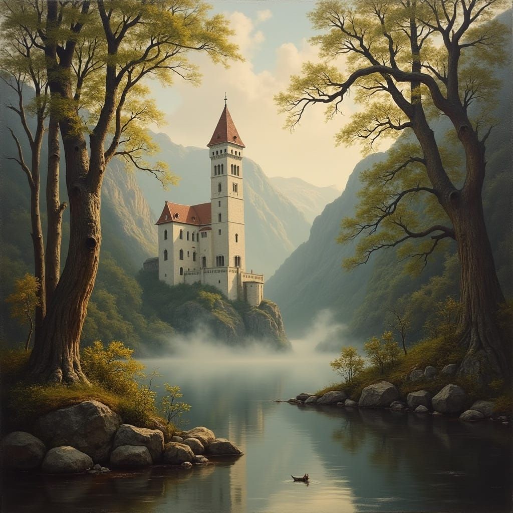 Epic Classical Painting: White Citadel Amidst Majestic Lands...