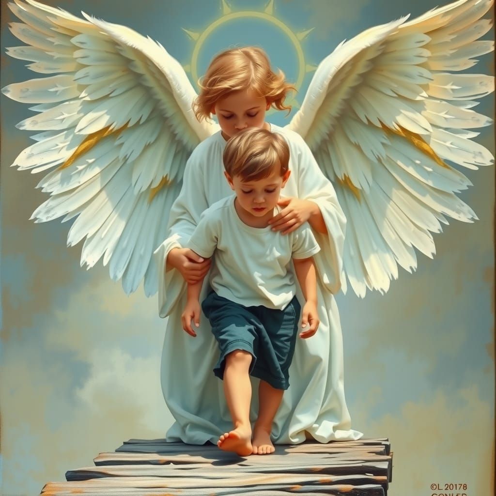 Angel Protects Boy on Rickety Bridge: Oil Painting