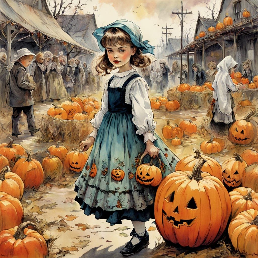 Cute Girl at Harvest Festival with Ghosts and Ghouls