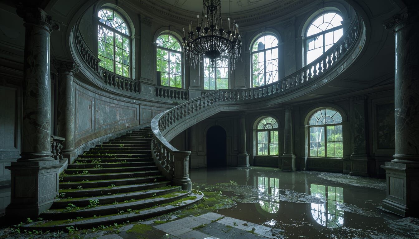 Abandoned Flooded Ballroom With Overgrown Marble Staircase