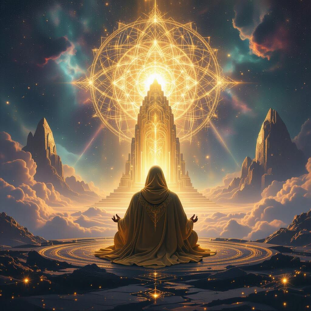 Meditating Figure at Galaxy Center in Cinematic Style