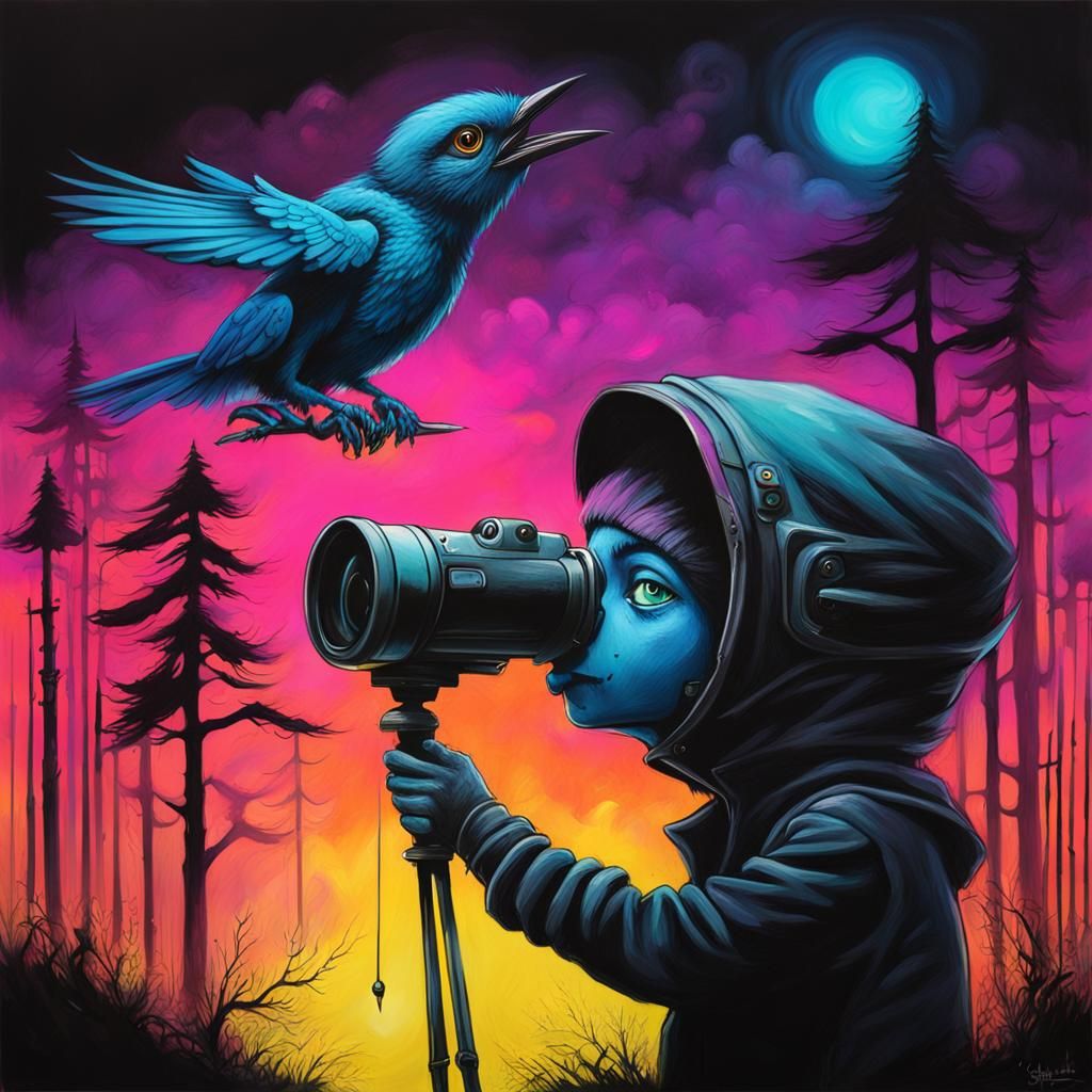 Bird Watcher with Vibrant Colors and Surreal Elements