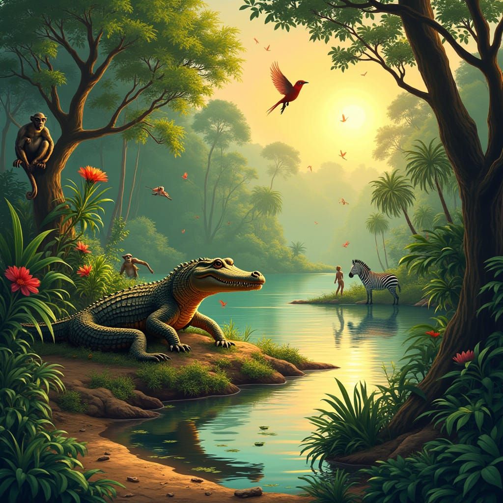 Lush African Jungle Teeming with Colorful Wildlife