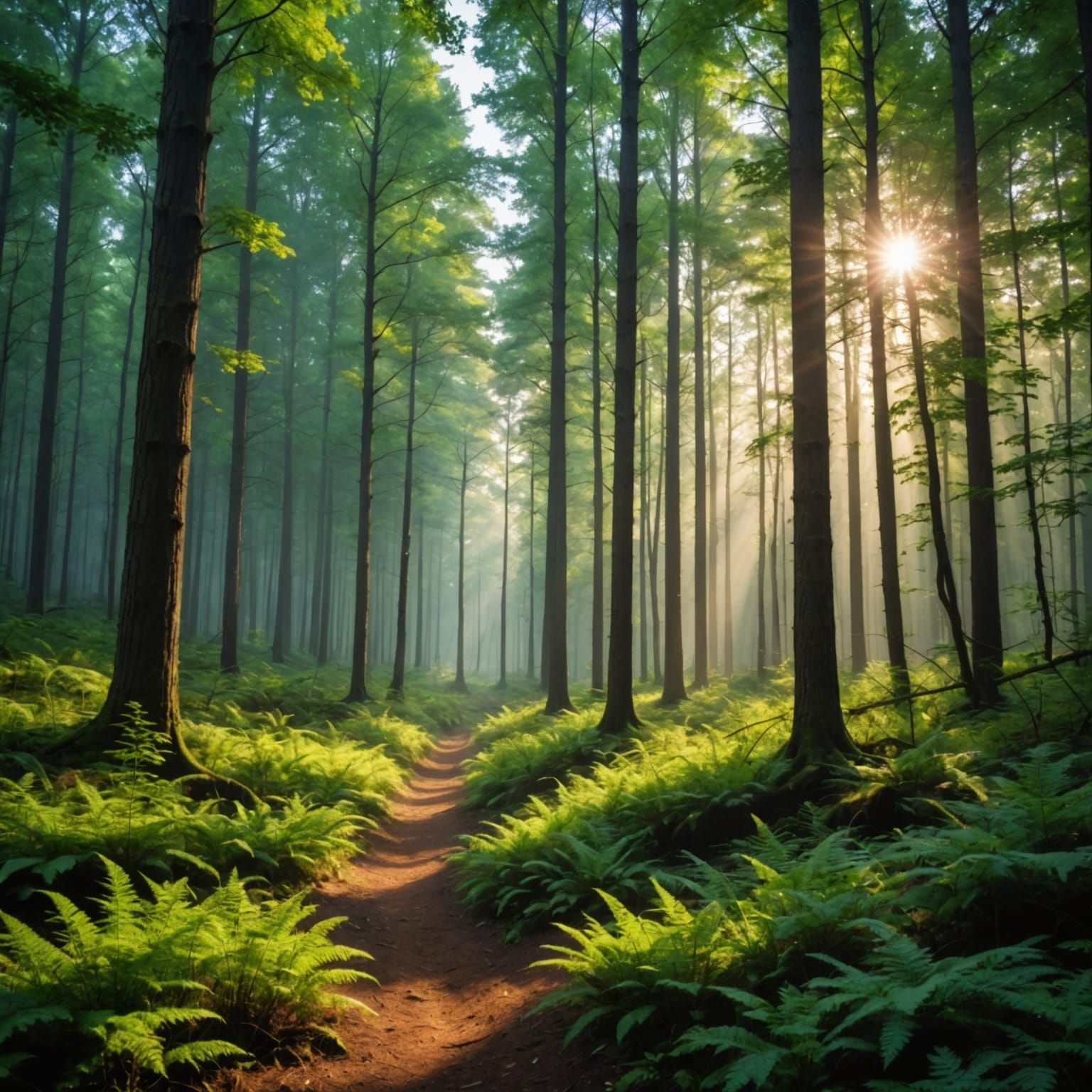 Forest Morning Light Shining Through Trees