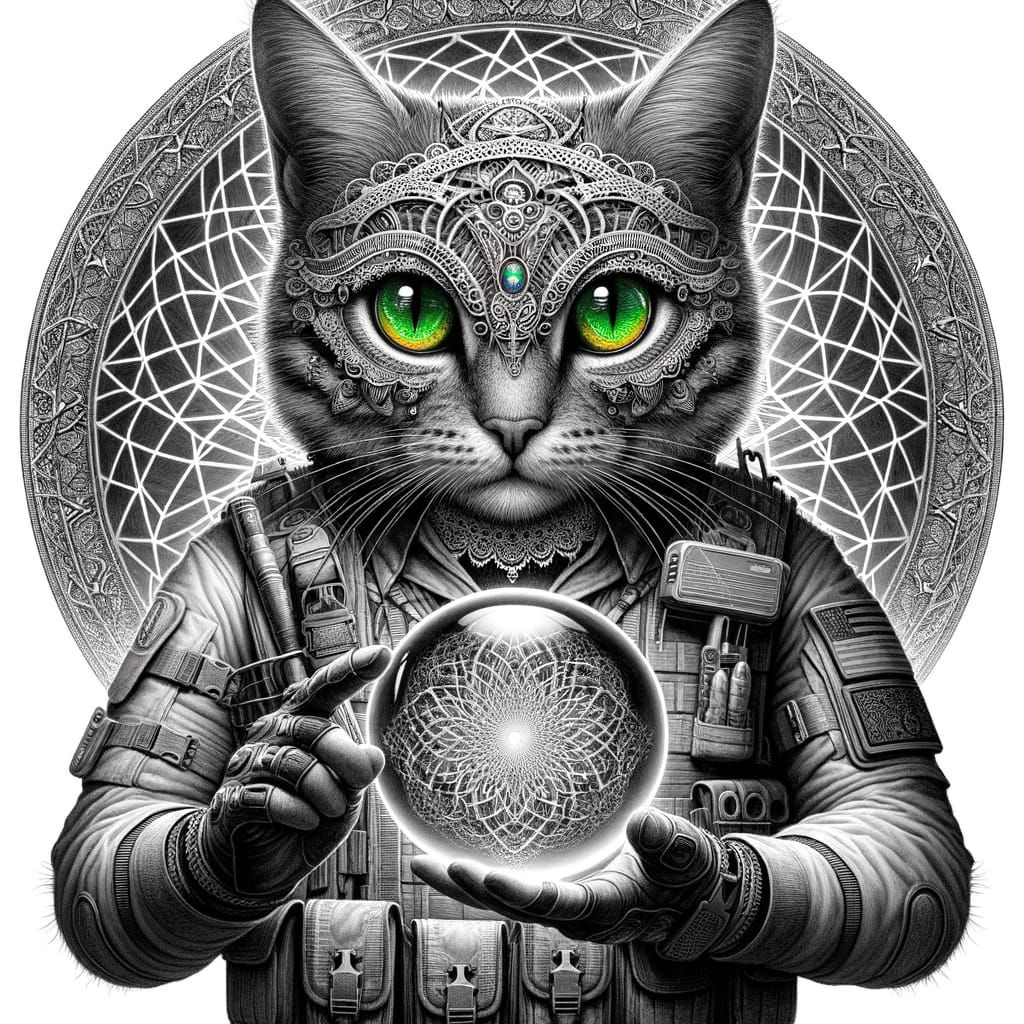 Anthropomorphic Cat in Tactical Gear, Radiant Eye, and Mysti...