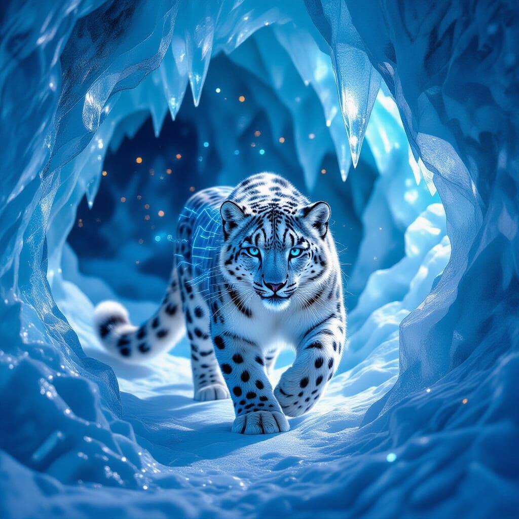 Cybernetic Snow Leopard in Crystal Cave