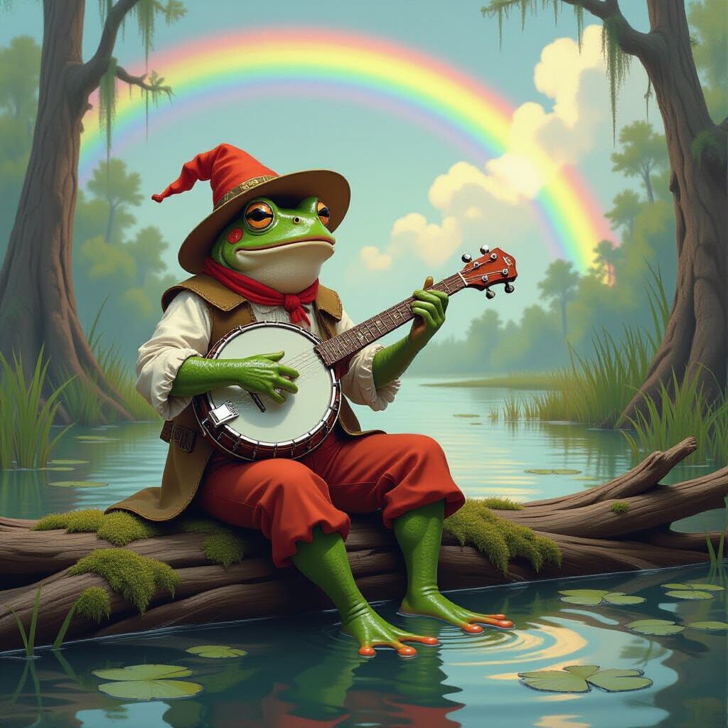 Frog Musician in Mystical Swamp with Rainbow