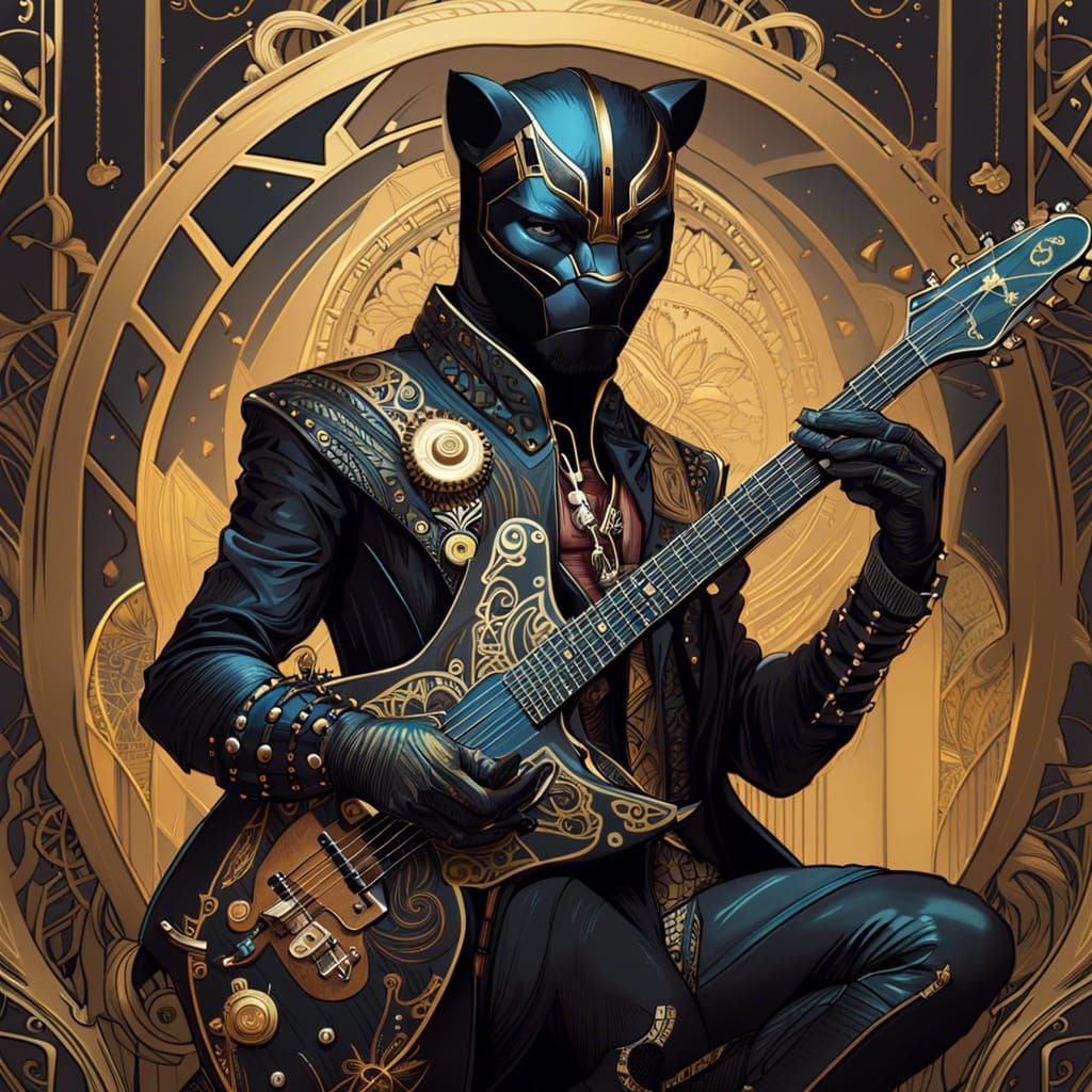 Steampunk Black Panther Guitarist with Golden Outlines