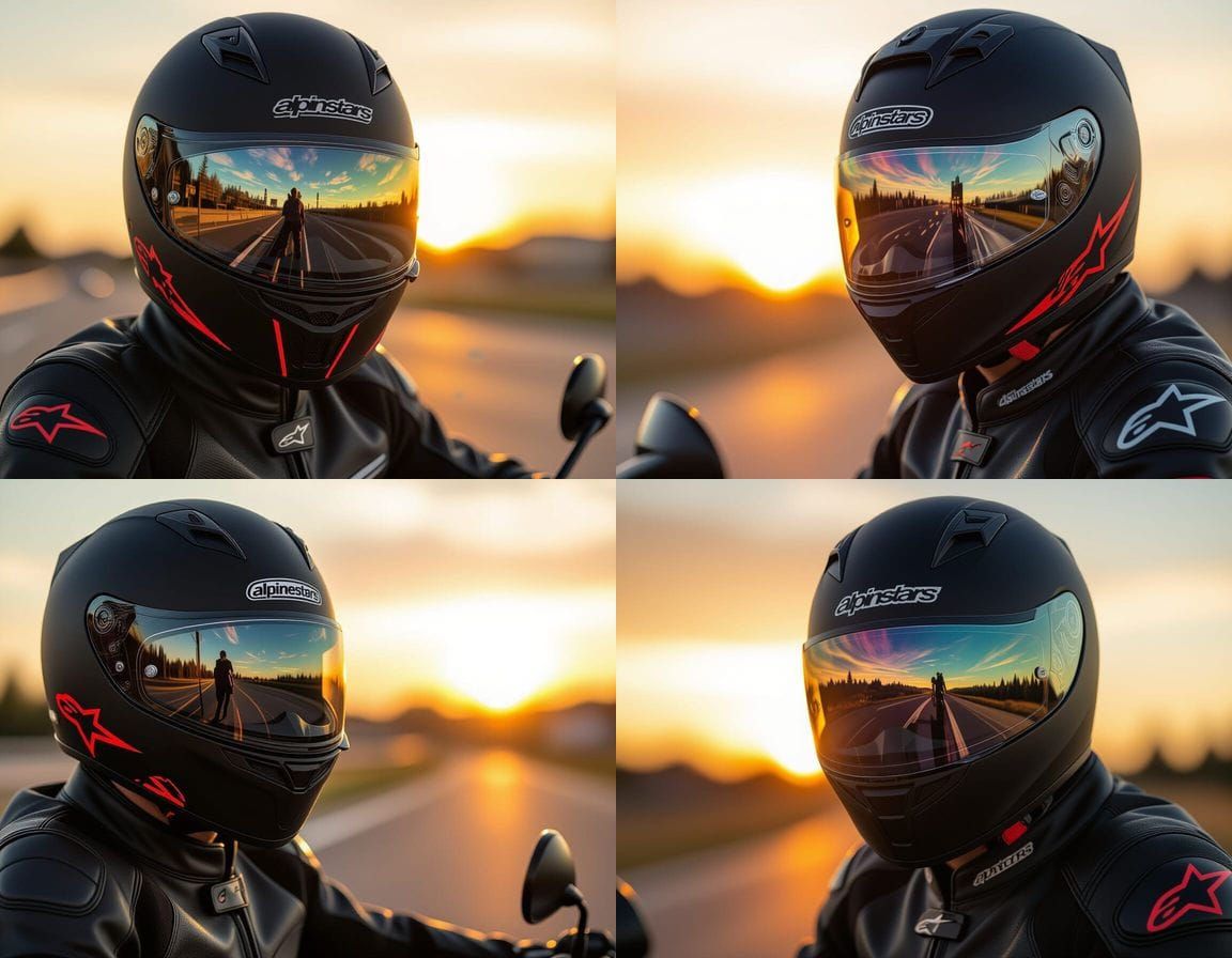 Motorcyclist in Alpinestars Helmet at Sunset