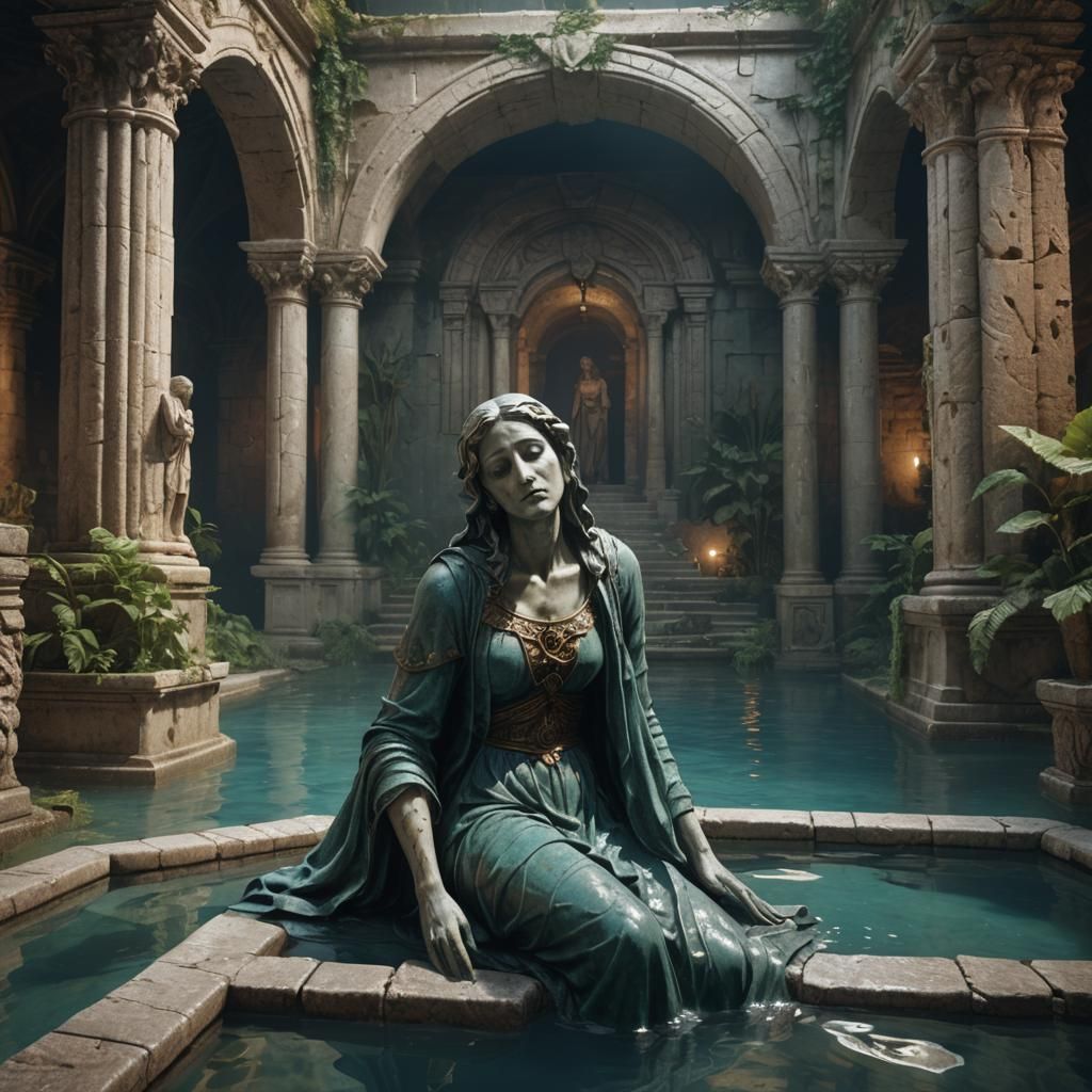 Statue of Woman Crying in Ancient Crypt