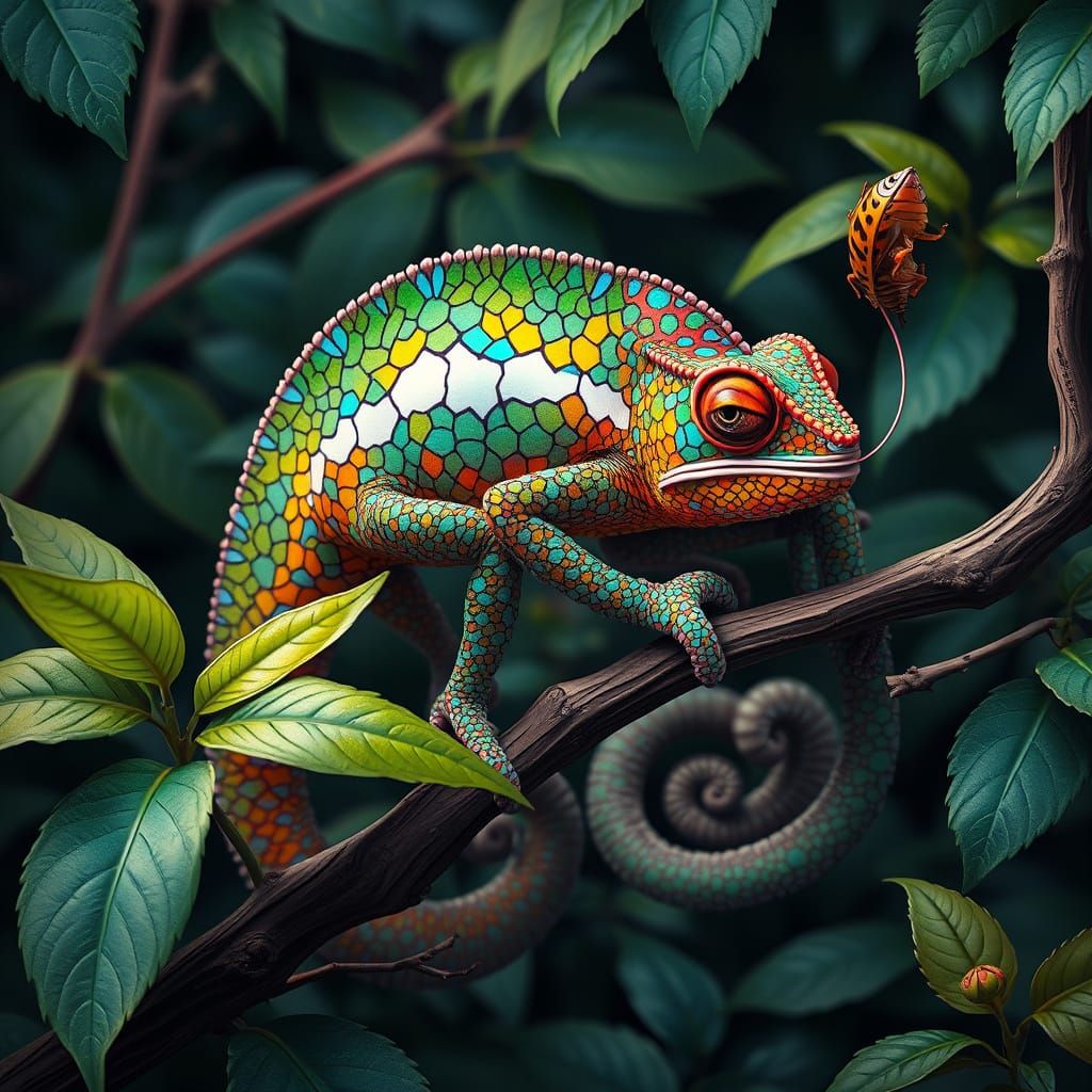 A stunning digital painting of a kaleidoscopic chameleon, skillfully capturing the essence of the Art Deco, Nicoletta Ce...