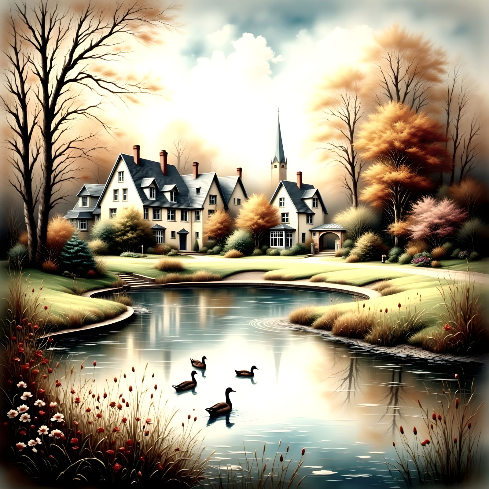 Serene Park Landscape in Antique Watercolor Style