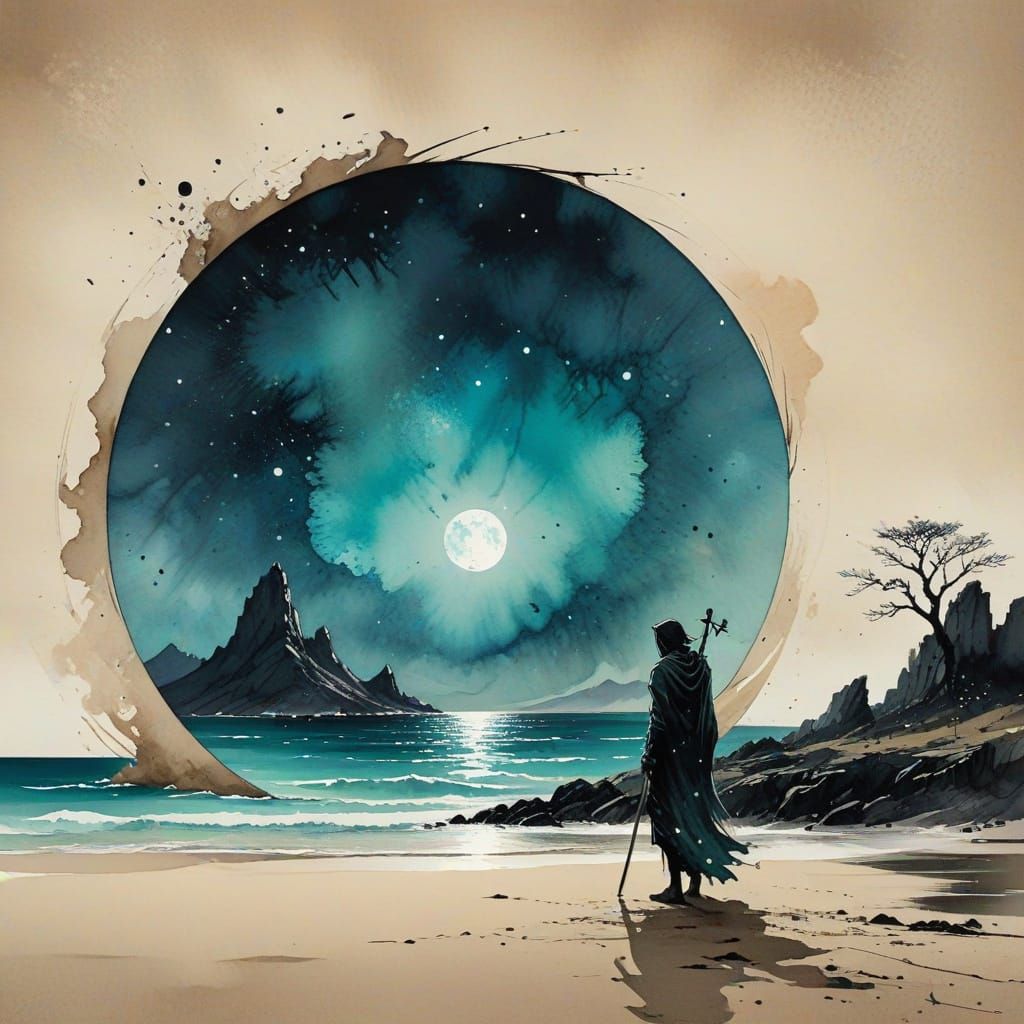 Traveler Gazing Through Portal to Tranquil Sea