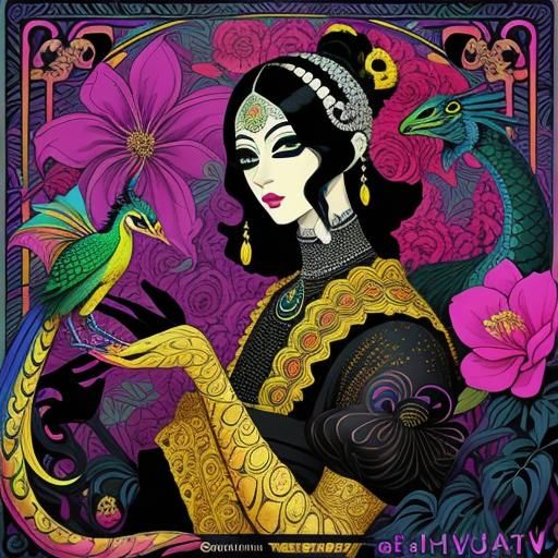 Aubrey Beardsley Style Art with Metallic Creatures