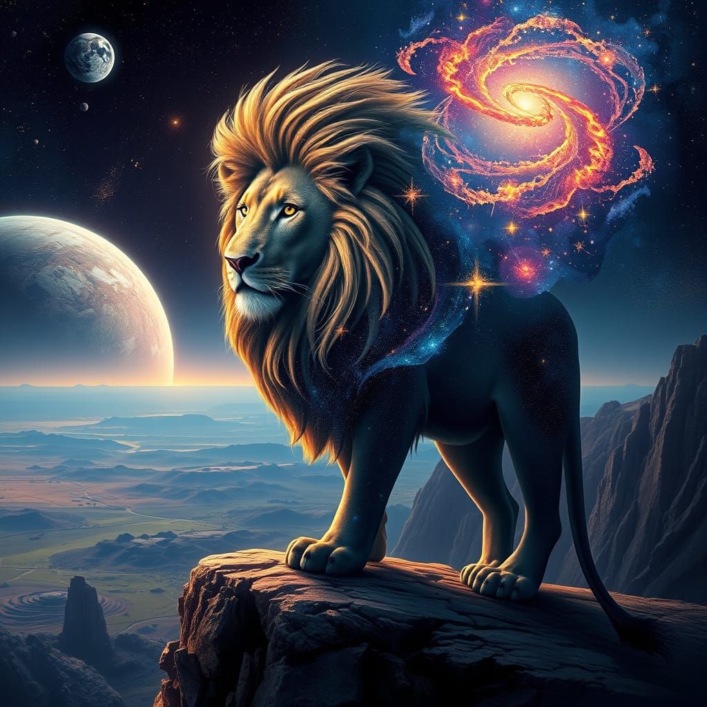 Galactic Lion with Stardust Eyes: Hyperrealistic Space Art