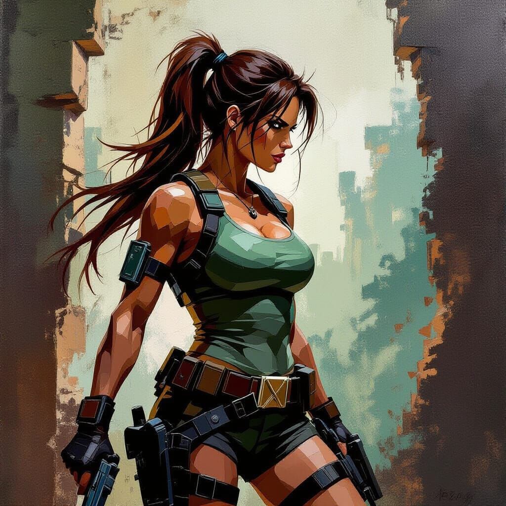 Lara Croft Impasto Abstract Painting With Palette Knife