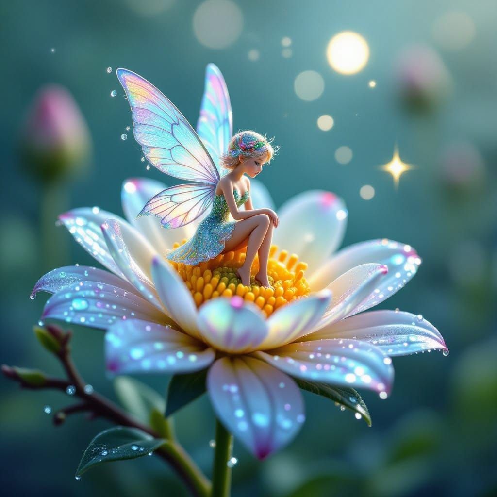 Tiny Dew Drop Fairy On Bioluminescent Flower