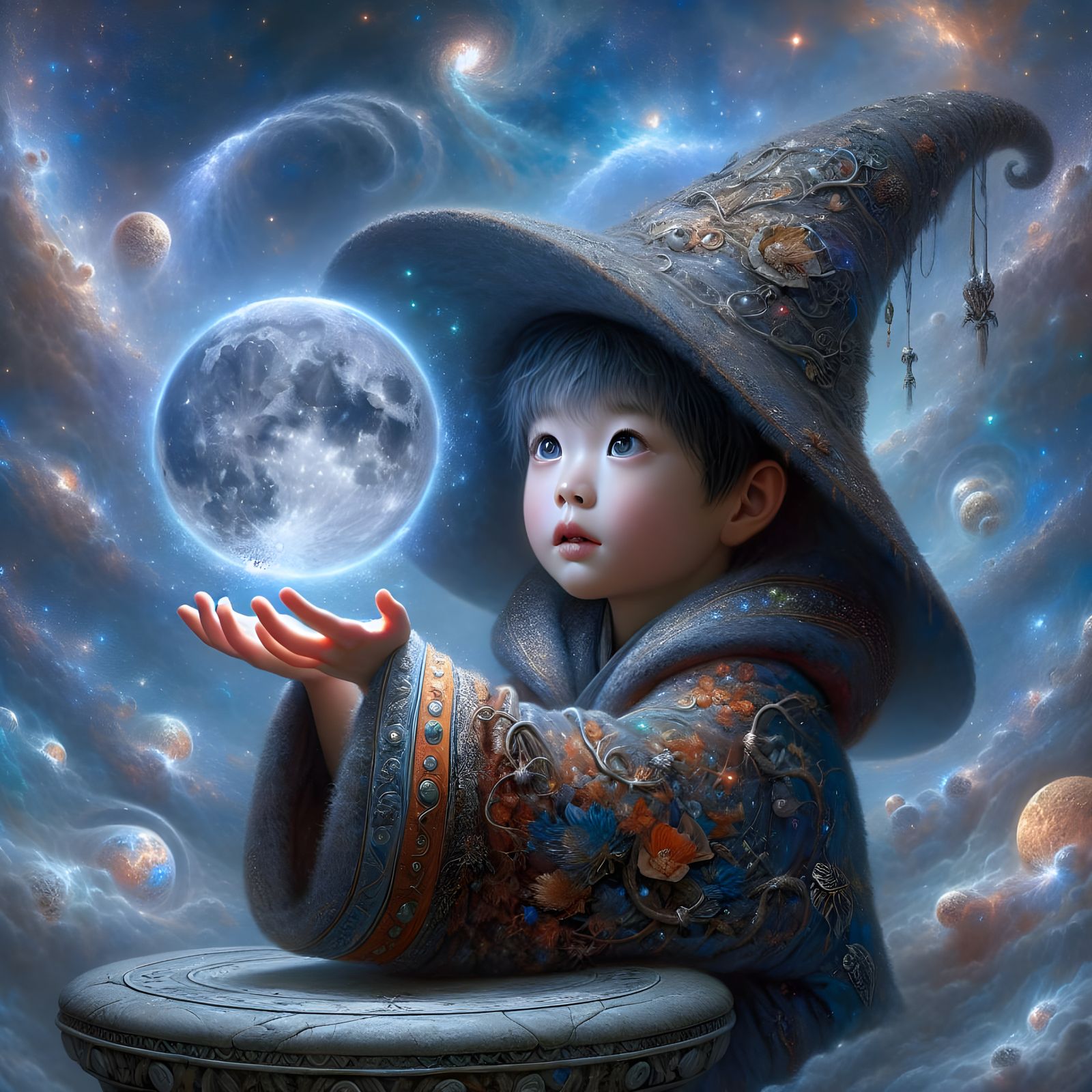 Young Mage Conjures Moon in Celestial Garden