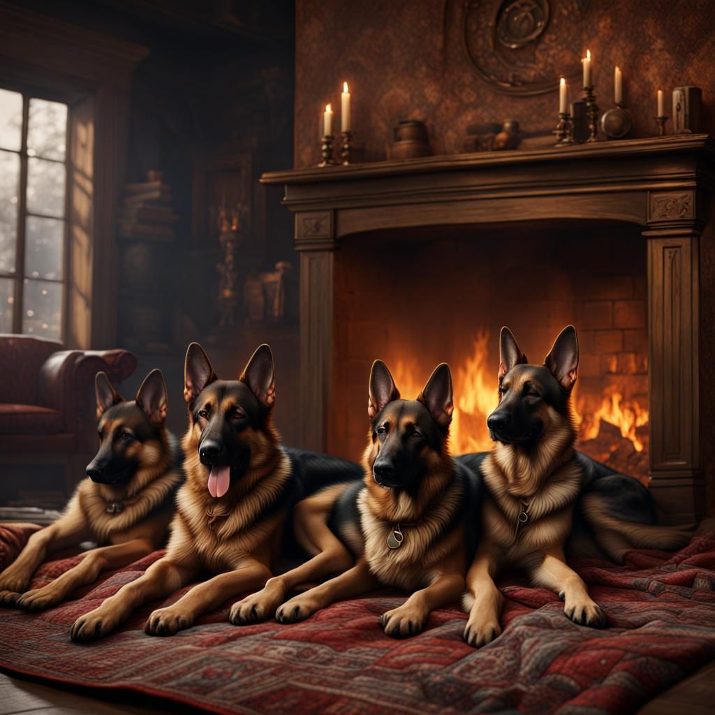 German Shepherds Sleeping: Detailed Matte Painting