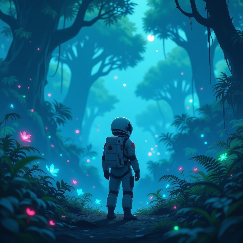 Astronaut Contemplates Alien Jungle in Anime Style