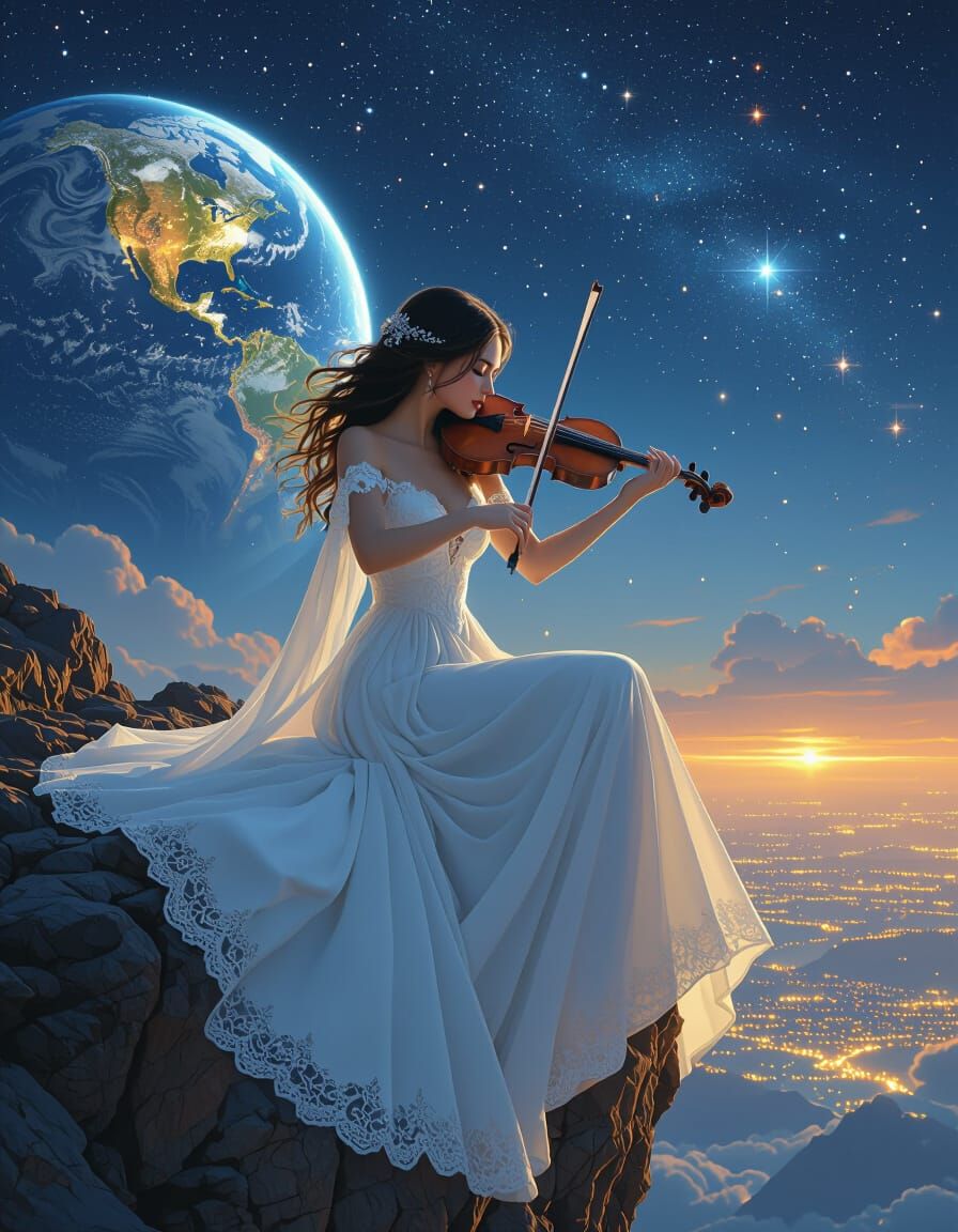 Ethereal Violinist on Cliff Edge in Space