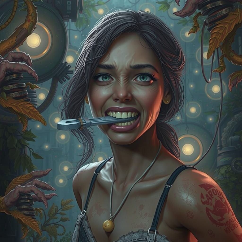 Fantasy Warrior Clenches Rusty Wrench in Jaw, Struggling to....