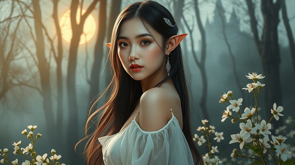 Ethereal Asian Elf Maiden in Moonlit Forest