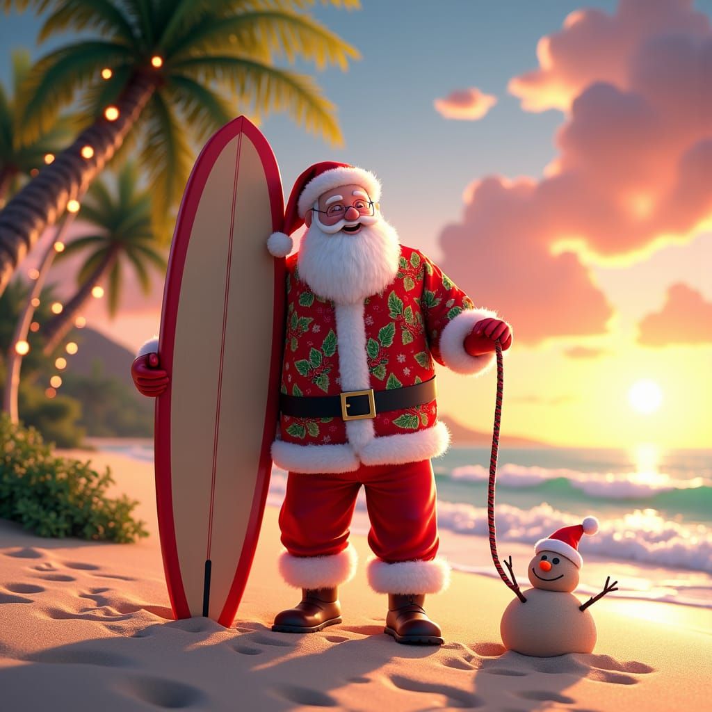 Santa Claus on Tropical Beach in Anime Style