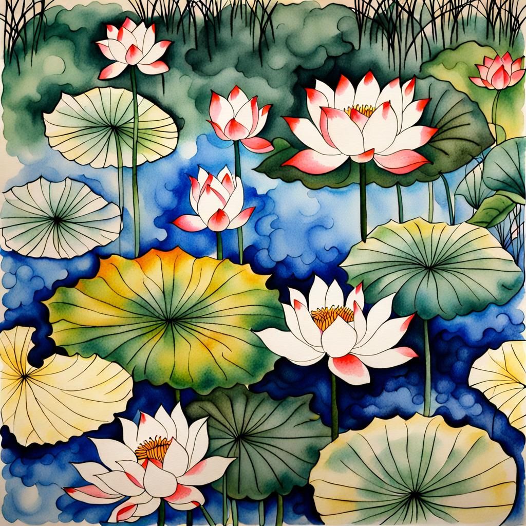 Lotus Pond in Oriental Watercolor Style