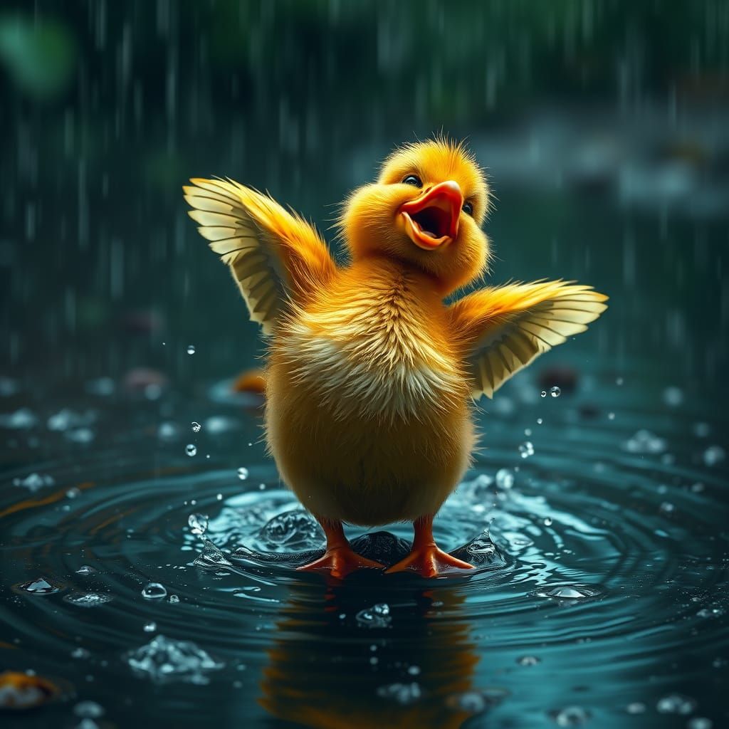Joyful Duckling Dance in Rainy Matte Painting