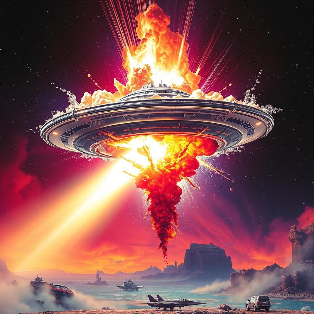 Exploding UFO Splash Art in a Futuristic Style