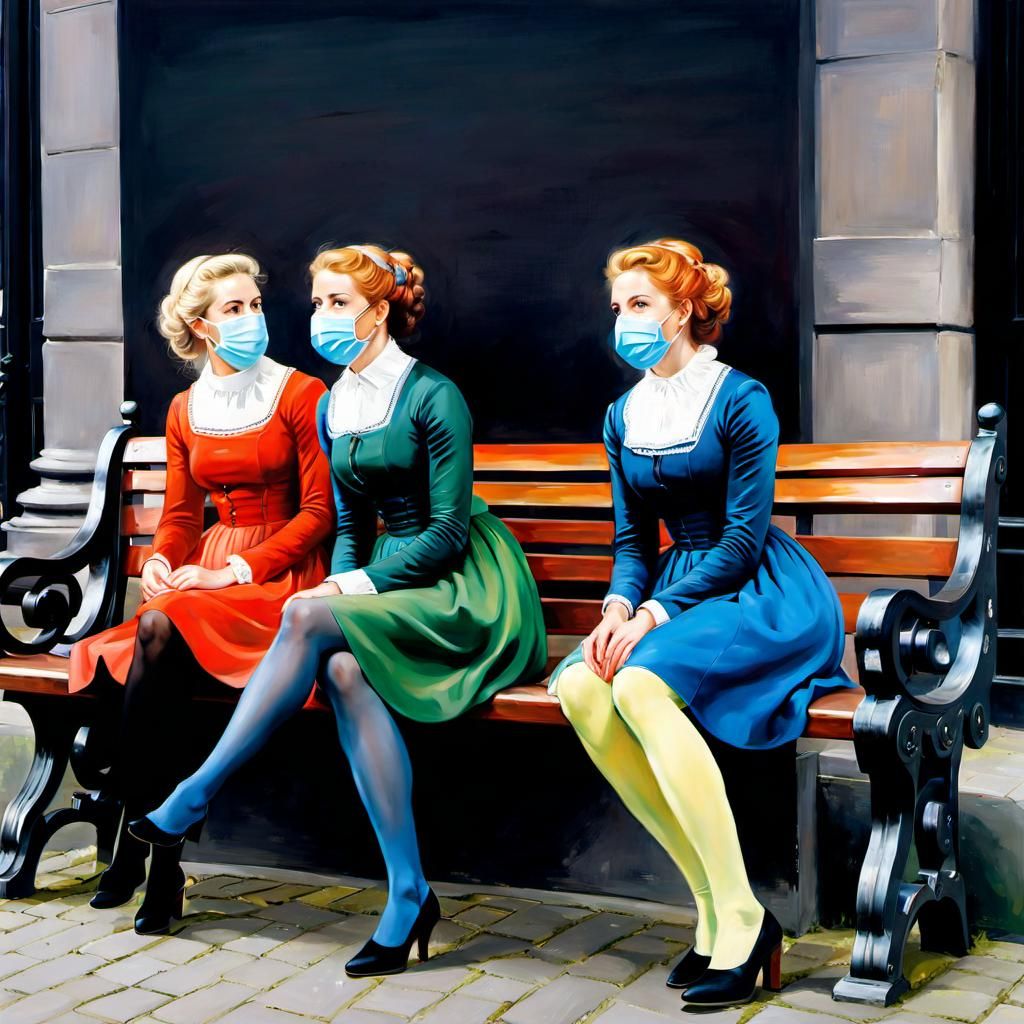 Vibrant Oil Painting of Three Girls on Bench