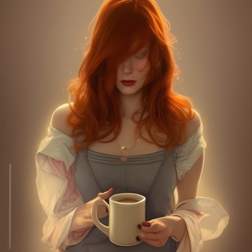 Redhead Woman Smoking in Cafe: Digital Art Portrait