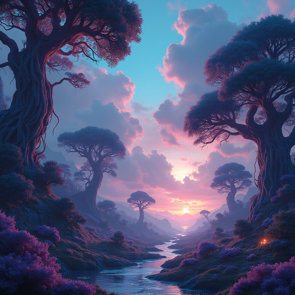 Vibrant Fantasy Landscape with Crystalline Structures